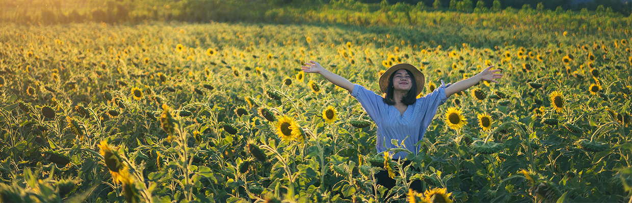 A young woman in sunflower fields; image used for dual currency investments.