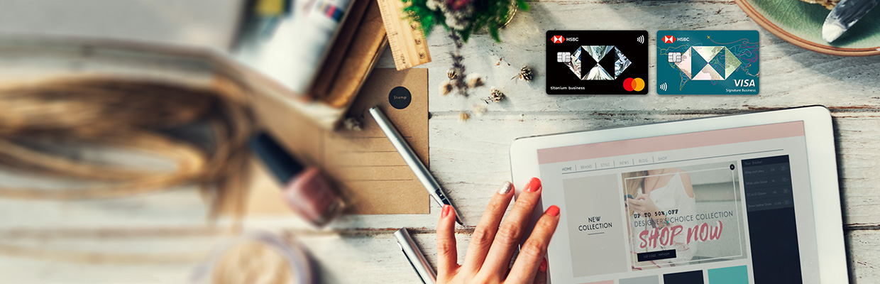 A woman is shopping online with tablet; image used for HSBC Credit Cards page.