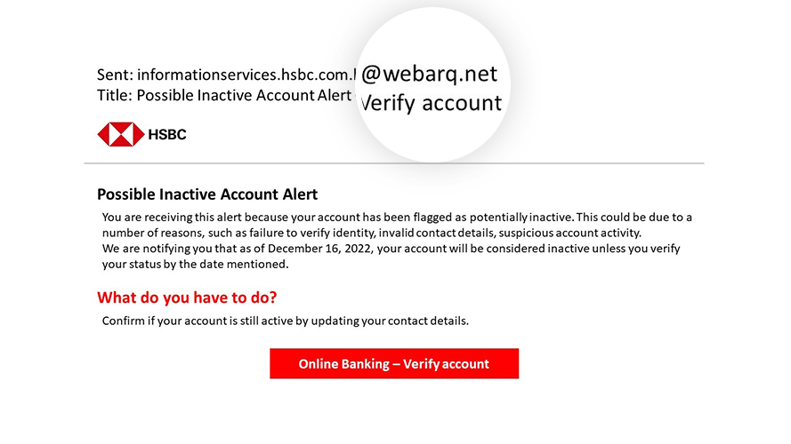 Sample phishing email 1 from suspicious sender - not from the official domain of HSBC Taiwan