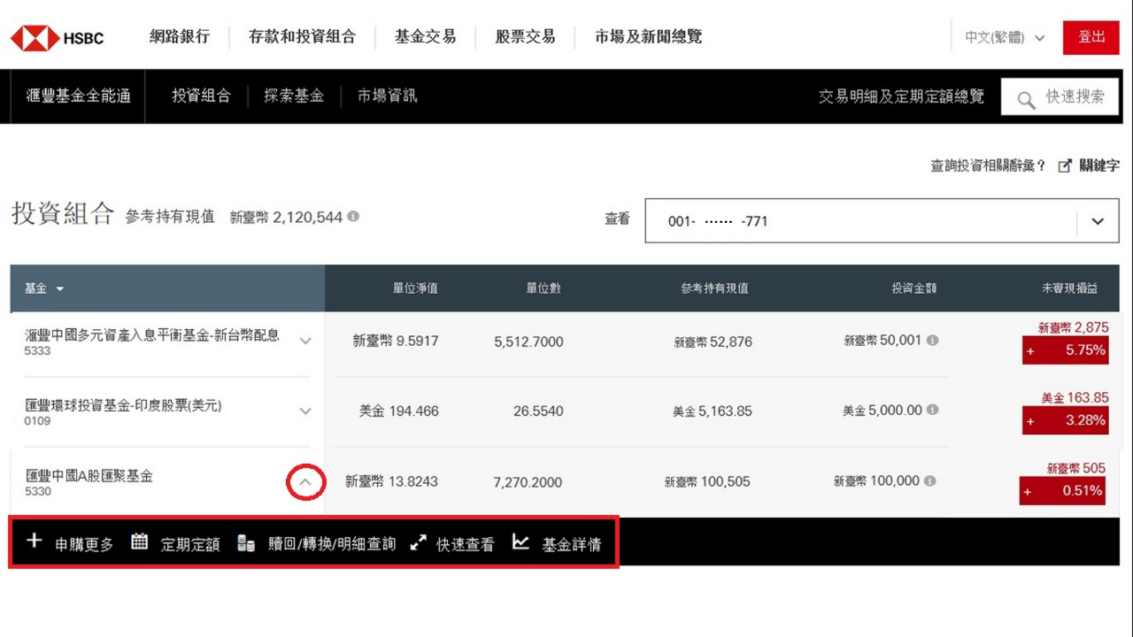 投資組合界面陳列了快捷功能鍵”v”快速下單功能; 圖片使用於滙豐台灣基金全能通的頁面。