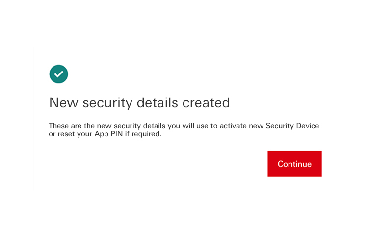 New security details create completion page; image used for HSBC online banking.
